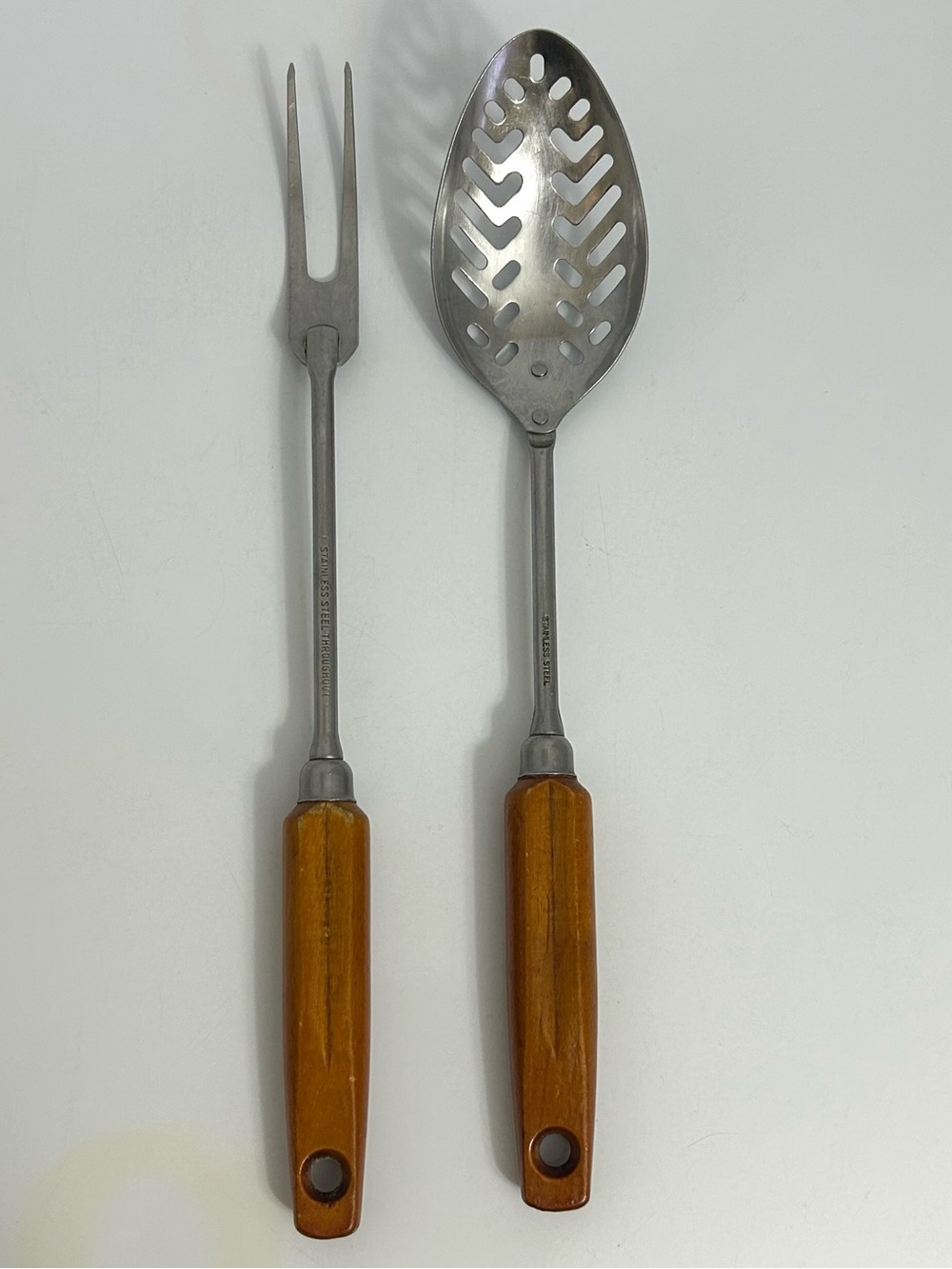 Ekco Eterna Stainless Slotted Serving Spoon & Carving Fork Brown Wood Handles